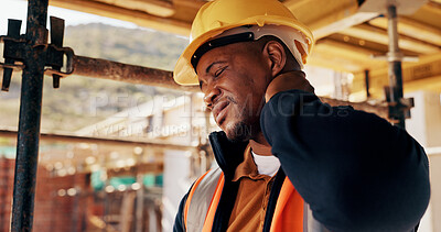 Buy stock photo Construction, injury and black man with neck pain for accident, stress and tension at building site. Architecture, engineering and person with pressure for fibromyalgia, muscle sprain and overworked