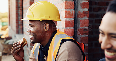 Buy stock photo Construction, relax and men with lunch in building for break, rest and happy at renovation site. Engineering, architecture and people with food, laugh and chill for energy, eating and healthy meal