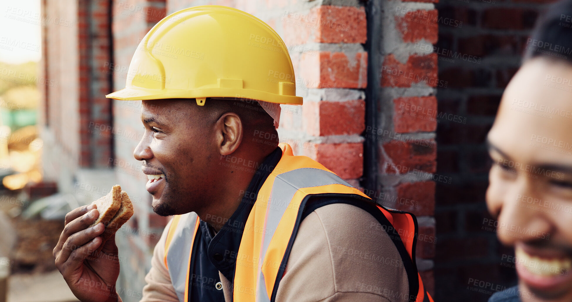Buy stock photo Construction, relax and men with lunch in building for break, rest and happy at renovation site. Engineering, architecture and people with food, laugh and chill for energy, eating and healthy meal