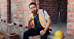 Man, architect or lunch break with apple on construction site for recovery, rest or meal. Hungry contractor, male person or civil engineer with natural organic fruit, food or vitamins for snack time