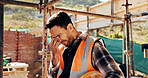 Architect, burnout and man with headache, outdoor and thinking of project failure or disappointment. Civil engineer, stress and person with migraine for architecture mistake, reflection or overworked