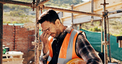 Buy stock photo Architect, burnout and man with headache, outdoor and thinking of project failure or disappointment. Civil engineer, stress and person with migraine for architecture mistake, reflection or overworked