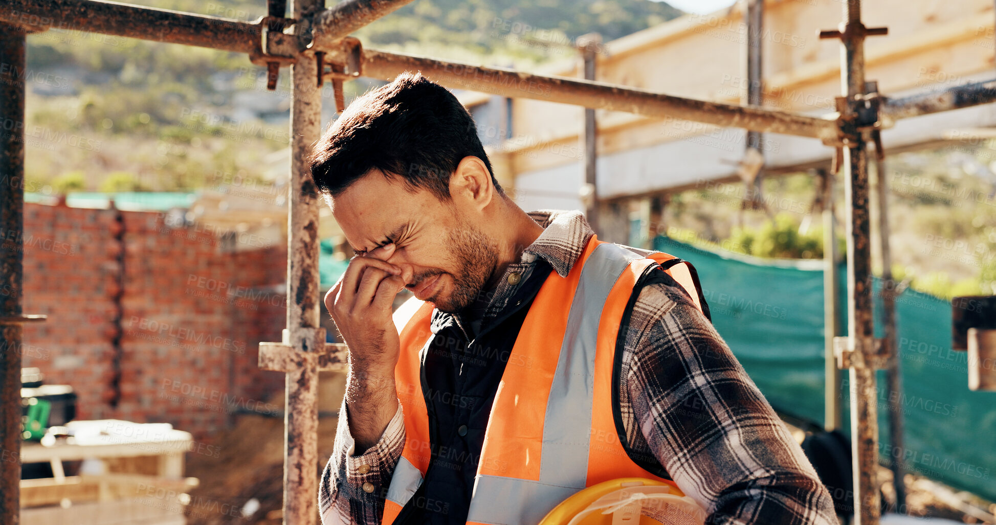 Buy stock photo Architect, burnout and man with headache, outdoor and thinking of project failure or disappointment. Civil engineer, stress and person with migraine for architecture mistake, reflection or overworked