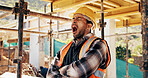 Tired, man and construction worker with yawn on site for burnout, overtime or fatigue with building. Exhaustion, renovation deadline and male civil engineer by infrastructure with stress for repairs.