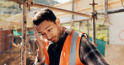 Buy stock photo Architect, thinking and man with headache, outdoor and stress for project failure or disappointment. Unhappy, civil engineer and person with migraine, reflection and architecture mistake at site