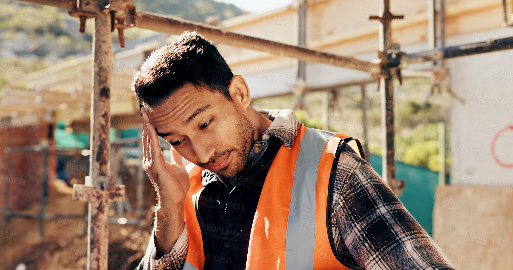 Buy stock photo Architect, thinking and man with headache, outdoor and stress for project failure or disappointment. Unhappy, civil engineer and person with migraine, reflection and architecture mistake at site