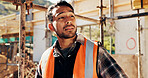 Construction site, thinking and man with inspection, insight and contractor for quality control. Safety, risk assessment and person with project, reflection and property renovation or development