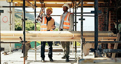 Buy stock photo Civil engineering, team and men with clipboard, construction site and safety inspection for project. Architect, pointing and people with ideas for architecture, talking and scaffolding at building