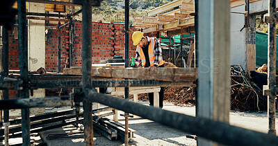 Buy stock photo Construction, scaffolding and man with planning on site for renovation, code compliance or safety. Civil engineering, foreman and project management outdoor for building upgrade, inspection or review