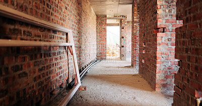 Buy stock photo Bricks, construction and empty building with hallway for infrastructure and property development. Architecture, civil engineering and interior of site for process, renovation and remodeling project