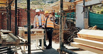 Buy stock photo Discussion, men and construction workers on site with planning for property renovation or repairs. Conversation, professional and civil engineers in collaboration for home building or maintenance.