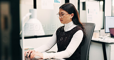 Buy stock photo Typing, reading or businesswoman with computer in office, claim investigation or policy renewal email. Review, agent or Asian person with evaluation of application, insurance case submission or pc