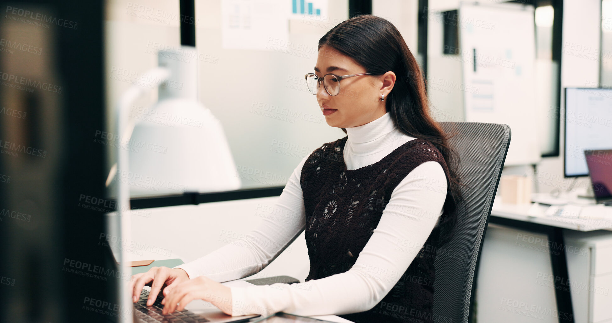 Buy stock photo Typing, reading or businesswoman with computer in office, claim investigation or policy renewal email. Review, agent or Asian person with evaluation of application, insurance case submission or pc