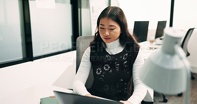 Buy stock photo Typing, business or Asian woman with laptop in office, claim investigation or policy renewal email. Review, risk assessment or agent with evaluation of application, insurance case submission or pc