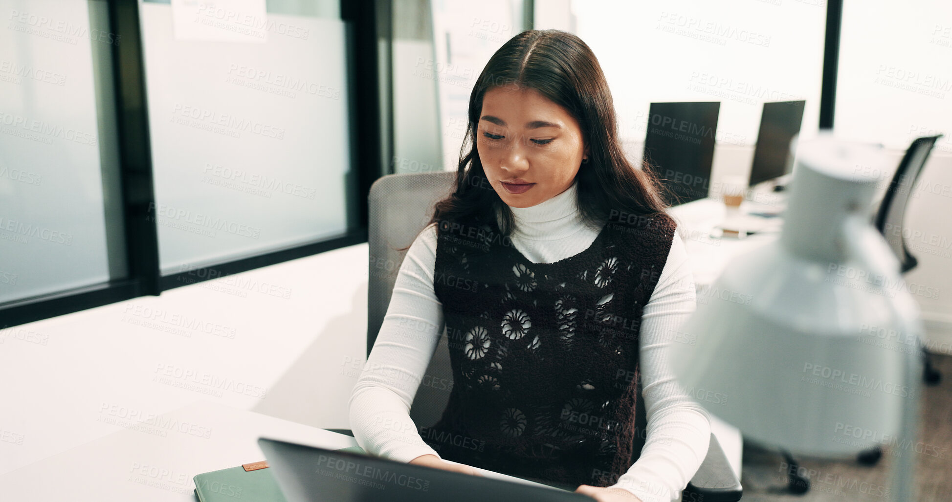 Buy stock photo Typing, business or Asian woman with laptop in office, claim investigation or policy renewal email. Review, risk assessment or agent with evaluation of application, insurance case submission or pc