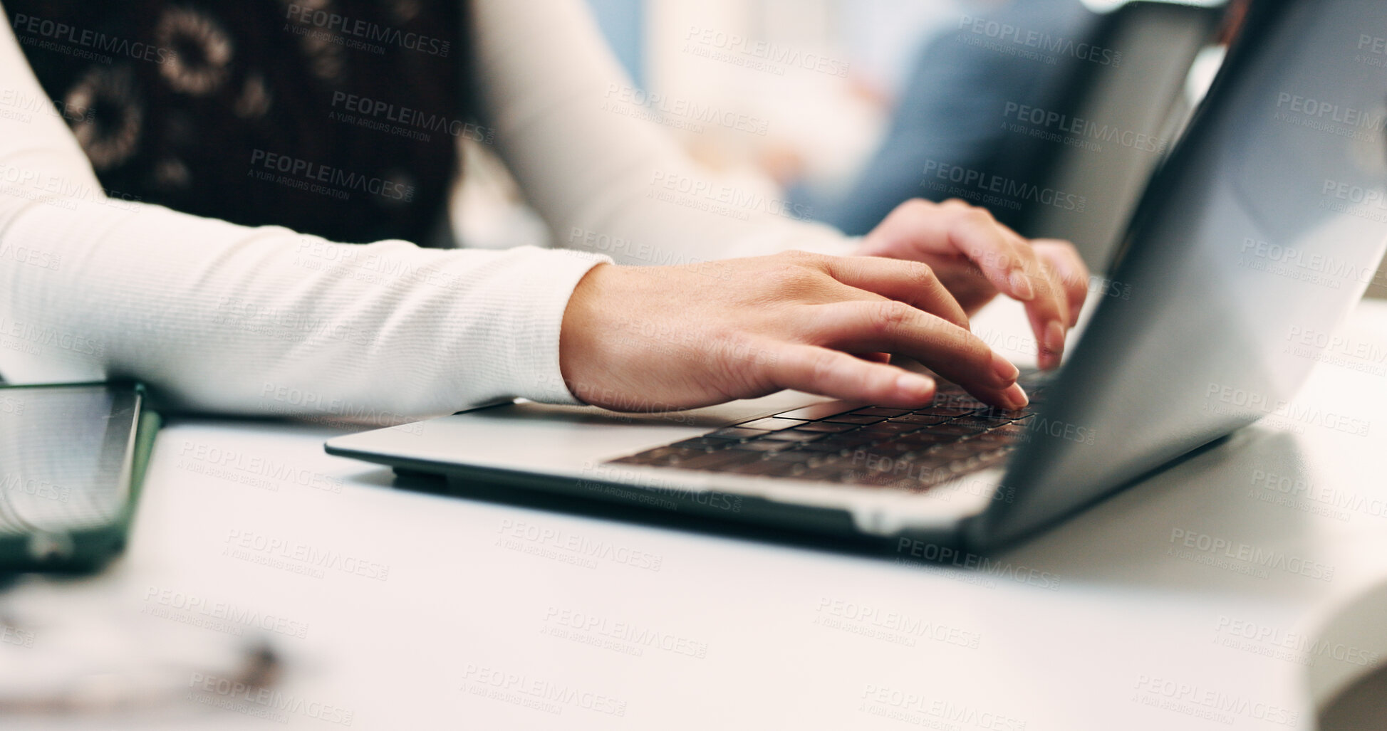 Buy stock photo Hands, laptop and planning with business person at desk in workplace for research, review or typing. Computer, digital and keyboard with woman in office for email feedback, networking or report