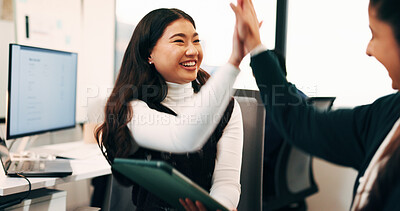 Buy stock photo Tablet, mentor or woman with high five in office for complex loan approval, audit success or pride. Tech, credit analyst or celebration with team leader for fraud detection, clearing backlog or goals