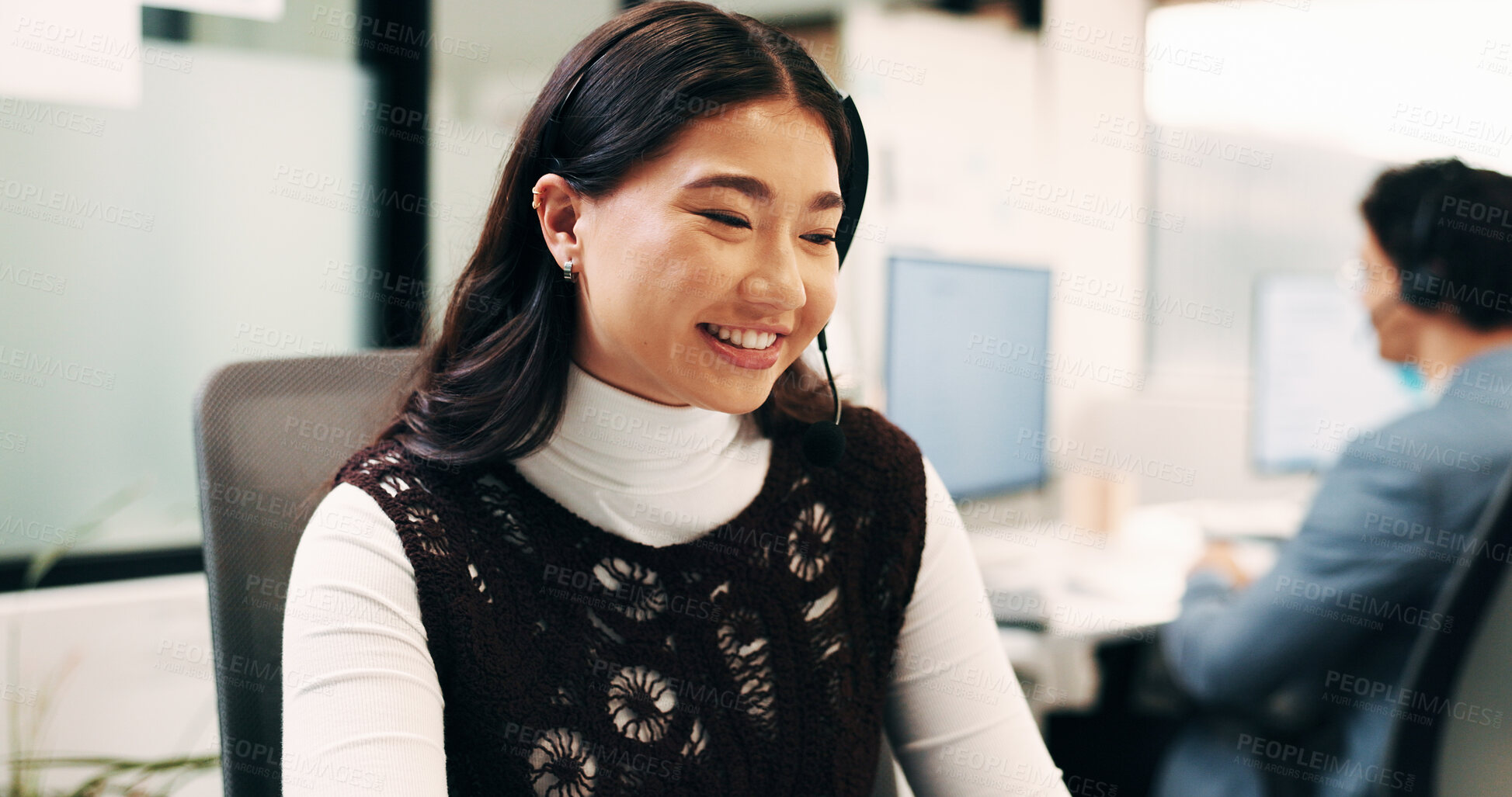 Buy stock photo Business, review or woman in office with smile, investment research or good news on portfolio update. Happy, coworking or finance advisor with tech, budget approval or feedback on funding opportunity