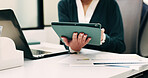 Hands, person and tablet in office for business, legal research and communication. Lawyer, digital tech and consultant in law firm for case study, planning agenda and article report for information