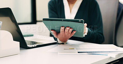 Buy stock photo Hands, person and tablet in office for business, legal research and communication. Lawyer, digital tech and consultant in law firm for case study, planning agenda and article report for information
