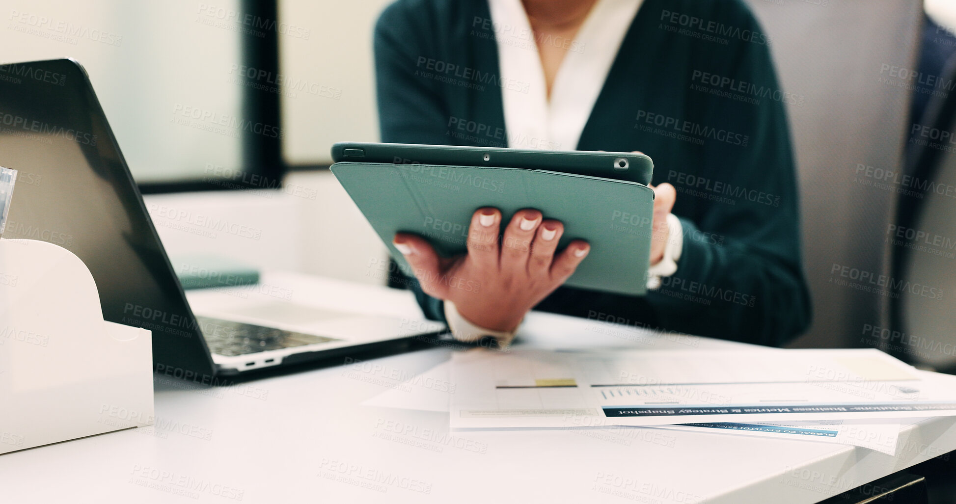Buy stock photo Hands, person and tablet in office for business, legal research and communication. Lawyer, digital tech and consultant in law firm for case study, planning agenda and article report for information