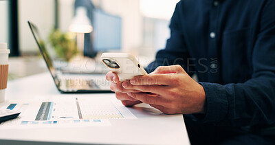 Buy stock photo Business, text or hands in office with phone, funding request or online chat on portfolio update. Contact, man or finance consultant with tech, investment inquiry or client feedback on asset status.