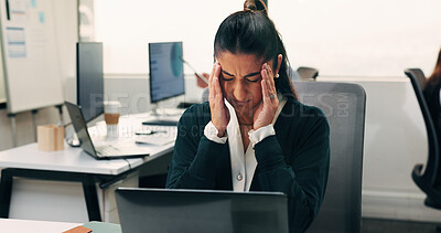 Buy stock photo Headache, stress or woman in office with laptop, brain fog or audit mistake on budget report. Burnout, fatigue or finance analyst with tech, migraine pressure or bookkeeping error in cost review.