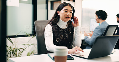 Buy stock photo Laptop, talking and woman with headset in call center, customer care hotline and online assistance. Reading, coworking and operator with advice for inquiry, tech support guidance and troubleshooting