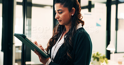 Buy stock photo Attorney, tablet and scroll in office for legal research, business and communication at law firm. Woman, digital tech and consultant for case study, planning agenda and article review for information