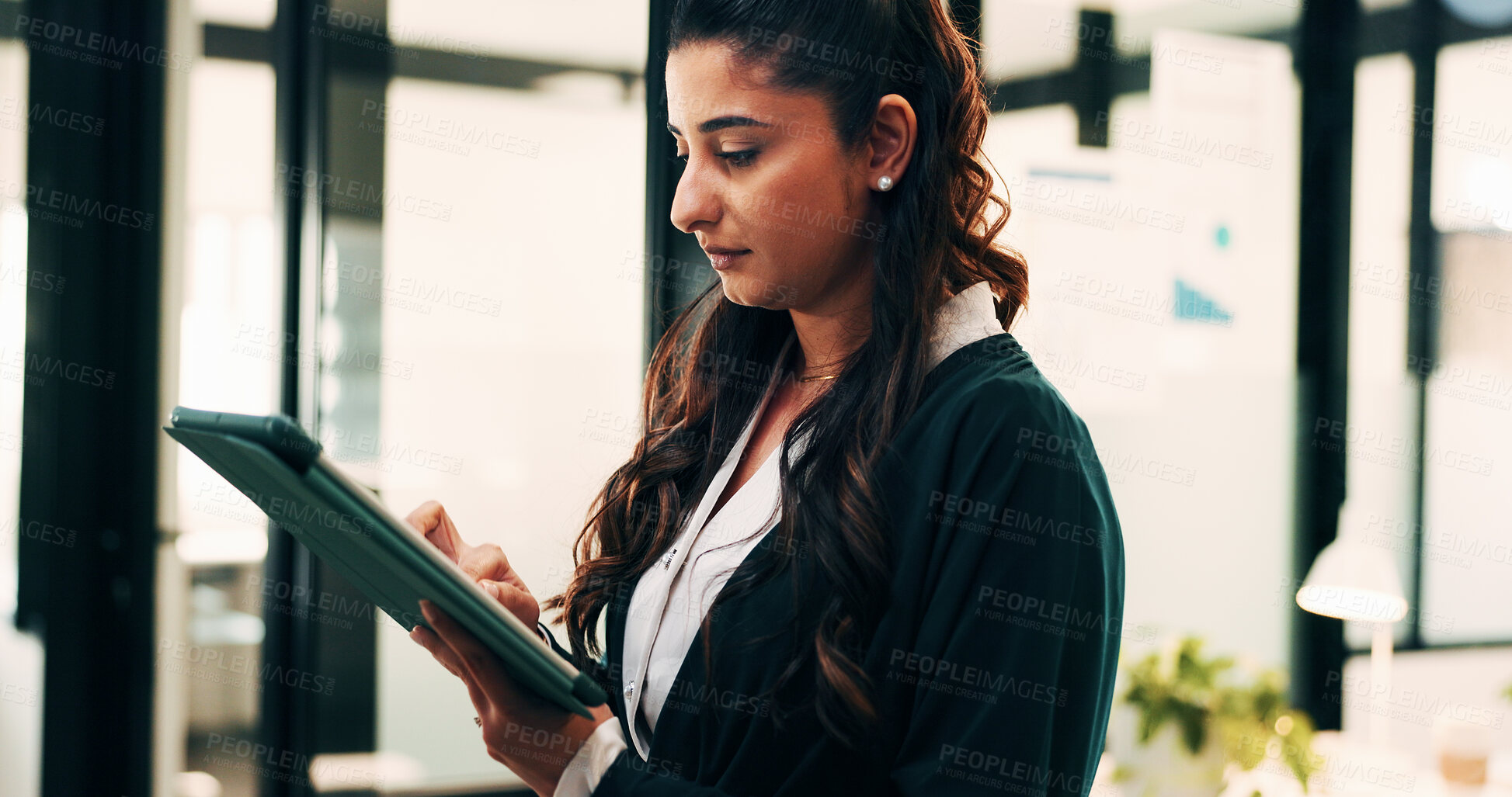 Buy stock photo Attorney, tablet and scroll in office for legal research, business and communication at law firm. Woman, digital tech and consultant for case study, planning agenda and article review for information