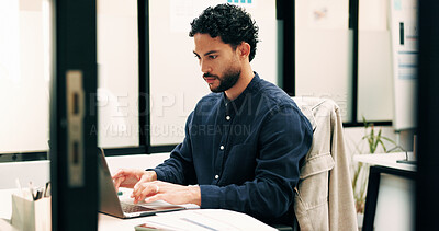 Buy stock photo Man, laptop and typing in office for business, legal research and communication with planning. Lawyer, digital tech and consultant in law firm for case study, agenda or article report for information