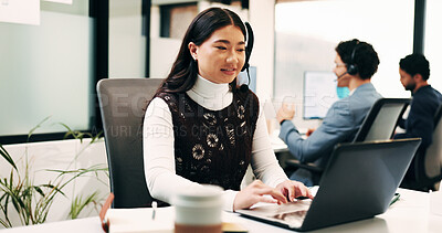 Buy stock photo Laptop, reading or woman with headset in office, customer care hotline or online chat for tech support. Contact, coworking and happy operator with advice for inquiry, troubleshooting and call center