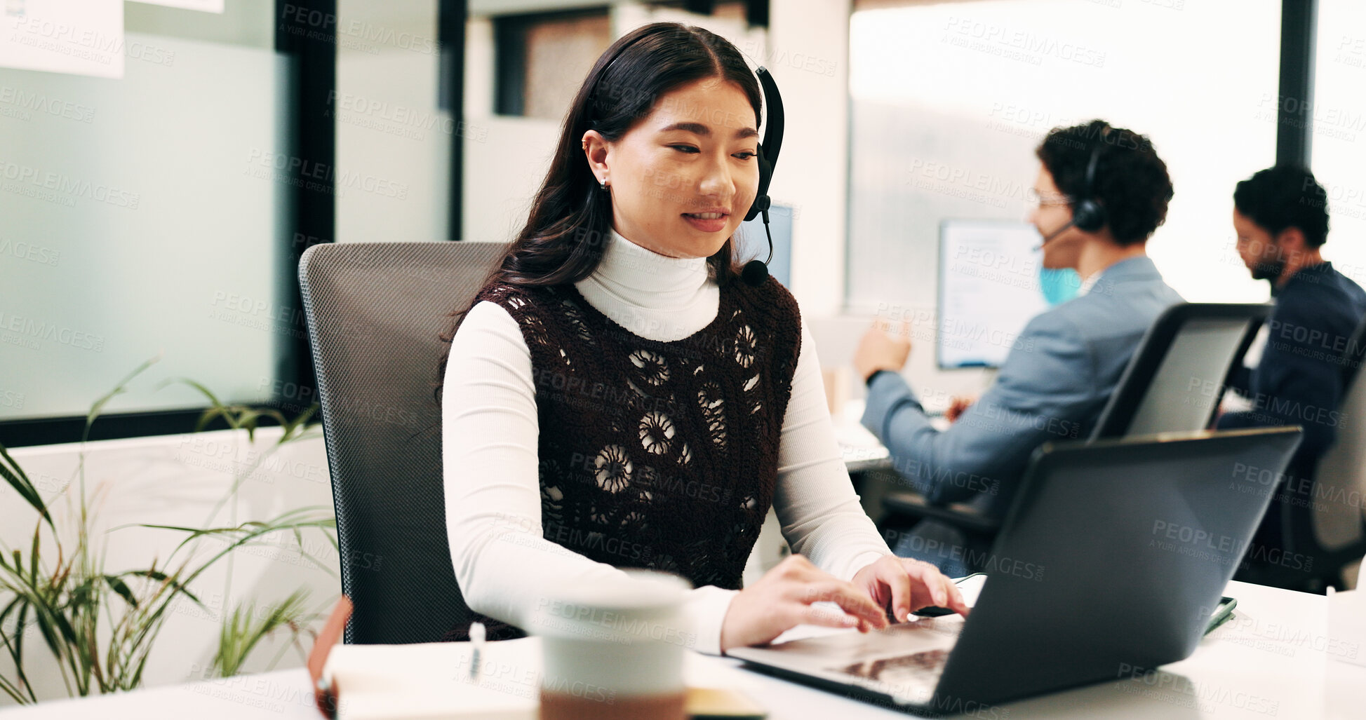 Buy stock photo Laptop, reading or woman with headset in office, customer care hotline or online chat for tech support. Contact, coworking and happy operator with advice for inquiry, troubleshooting and call center