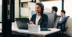 Laptop, contact and woman with headset in call center, customer care hotline and online assistance. Reading, coworking and happy operator with advice for inquiry, tech support faq and troubleshooting