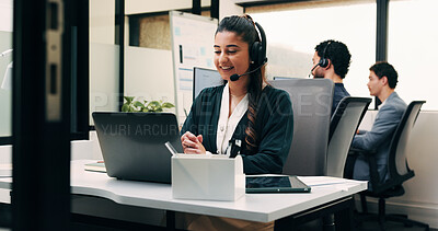Buy stock photo Laptop, contact and woman with headset in call center, customer care hotline and online assistance. Reading, coworking and happy operator with advice for inquiry, tech support faq and troubleshooting