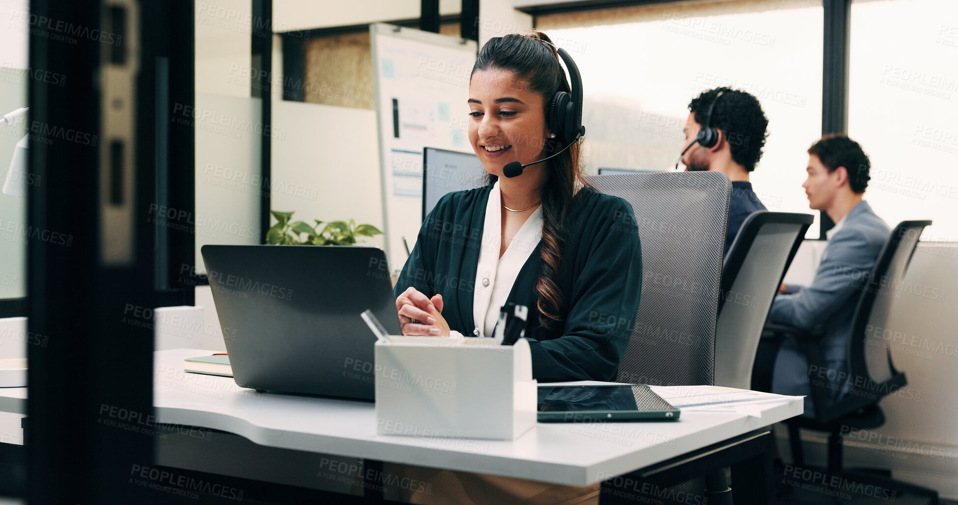 Buy stock photo Laptop, contact and woman with headset in call center, customer care hotline and online assistance. Reading, coworking and happy operator with advice for inquiry, tech support faq and troubleshooting