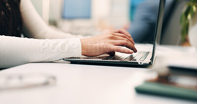 Buy stock photo Hands, laptop and typing with employee person at desk in office for planning, research or review. Computer, digital and keyboard with business woman in workplace for email feedback, job or report