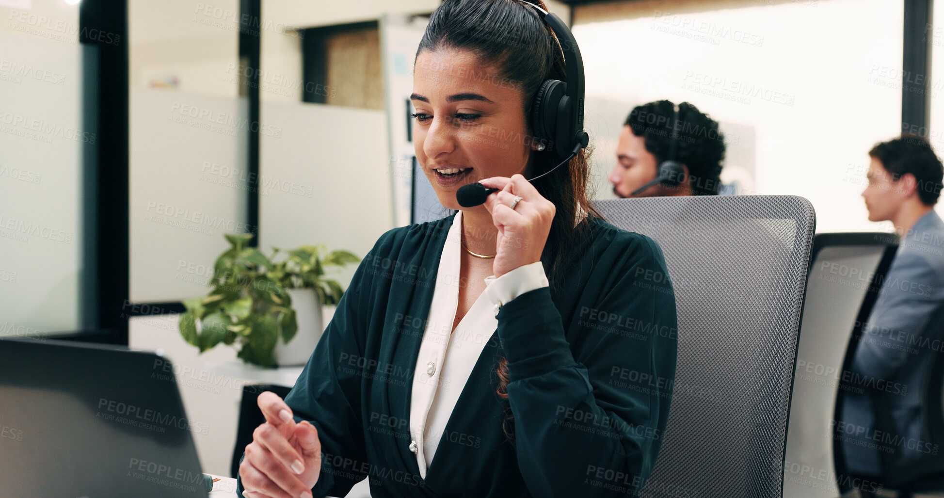 Buy stock photo Laptop, reading and woman with headset in call center, customer care hotline and online assistance. Virtual services, coworking and operator with advice for inquiry, tech support and troubleshooting