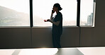 Nurse, woman and phone call discussion at window for prescription order, telemedicine or feedback. Sunshine, professional or mobile contact in hospital for medical news, health update or conversation