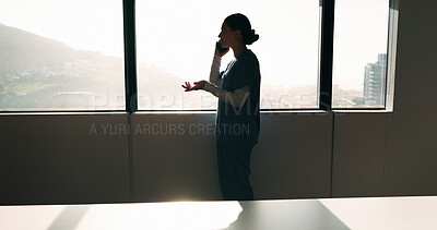 Buy stock photo Nurse, woman and phone call discussion at window for prescription order, telemedicine or feedback. Sunshine, professional or mobile contact in hospital for medical news, health update or conversation