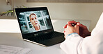 Doctor, hands and laptop screen for video call in hospital office for communication or medical opinion. Telehealth, technology and woman for online conference, feedback or virtual training on web