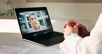 Buy stock photo Doctor, hands and laptop screen for video call in hospital office for communication or medical opinion. Telehealth, technology and woman for online conference, feedback or virtual training on web
