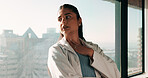 Stress, woman and doctor with thinking in hospital with fatigue, burnout or mistake on diagnosis. Reflection, bad news and female healthcare worker with exhaustion for medical service in clinic.