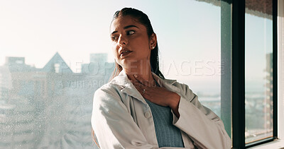 Buy stock photo Stress, woman and doctor with thinking in hospital with fatigue, burnout or mistake on diagnosis. Reflection, bad news and female healthcare worker with exhaustion for medical service in clinic.