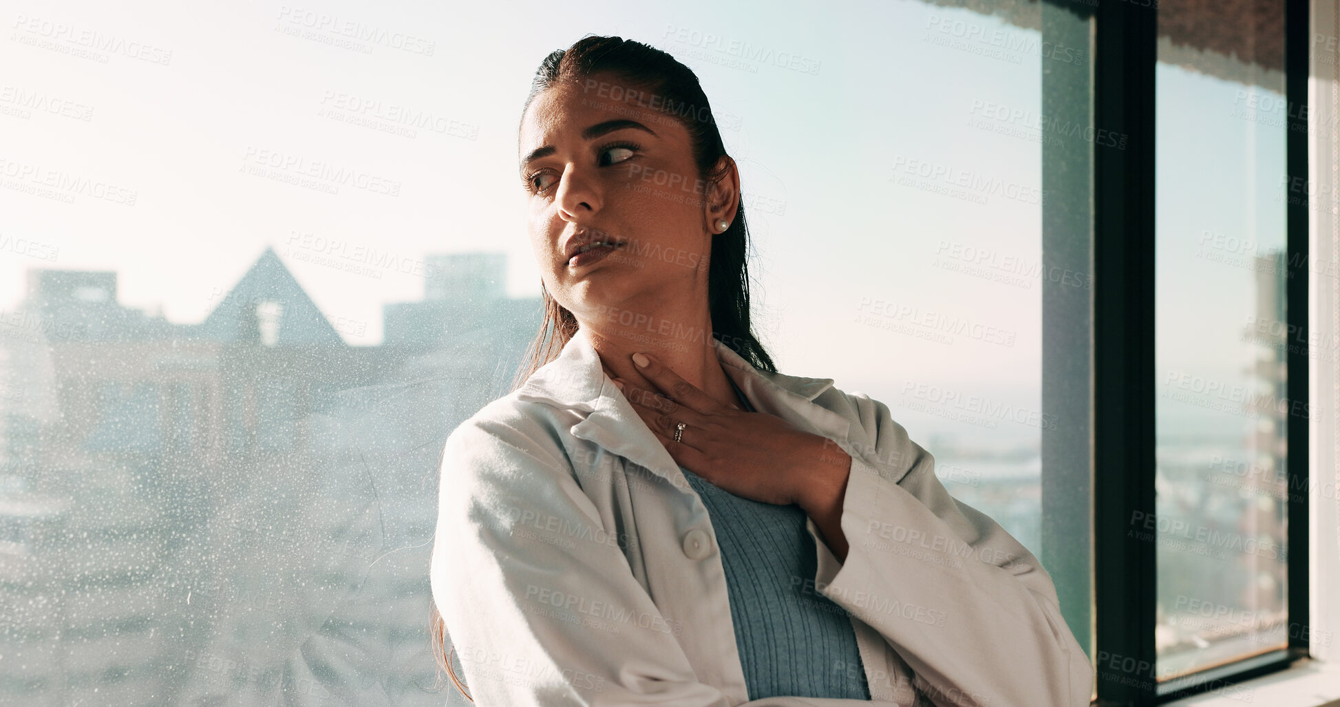 Buy stock photo Stress, woman and doctor with thinking in hospital with fatigue, burnout or mistake on diagnosis. Reflection, bad news and female healthcare worker with exhaustion for medical service in clinic.