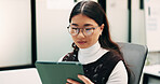 Creative, glasses and woman with tablet in business, digital marketing and planning for ad campaign. Reading, article and person with tech for project, online and brand awareness on social media