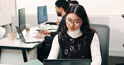 Buy stock photo Reading, research or woman with laptop in office, claim investigation or renewal reminder for client. Review, evaluation or broker with pc for policy quote email,  submit insurance case or coworking