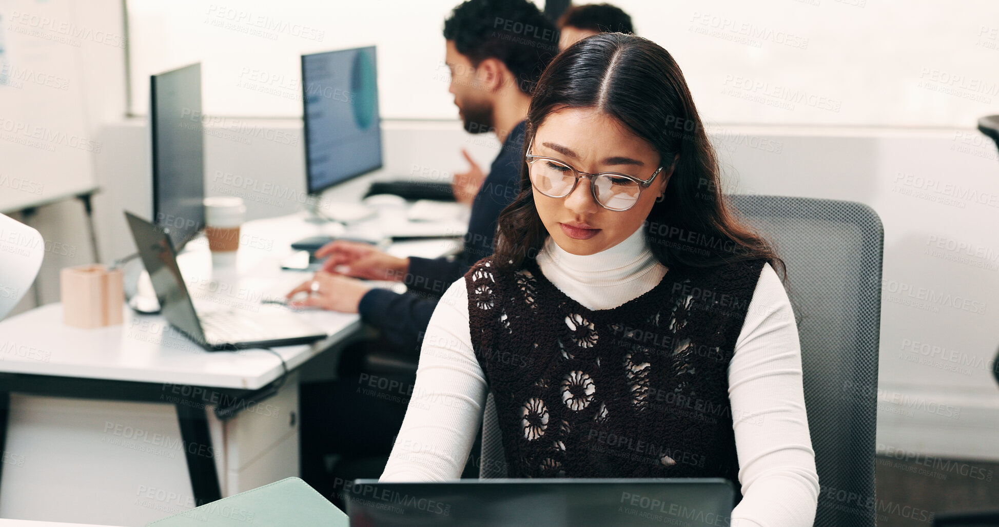 Buy stock photo Reading, research or woman with laptop in office, claim investigation or renewal reminder for client. Review, evaluation or broker with pc for policy quote email,  submit insurance case or coworking