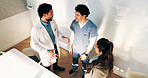 Meeting, talking and team of doctors in hospital for surgery schedule, planning and operation feedback. Healthcare review, medical workshop and above of people in boardroom of clinic for advice