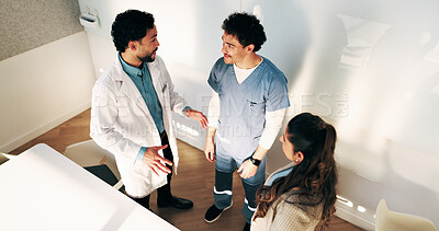 Buy stock photo Meeting, talking and team of doctors in hospital for surgery schedule, planning and operation feedback. Healthcare review, medical workshop and above of people in boardroom of clinic for advice